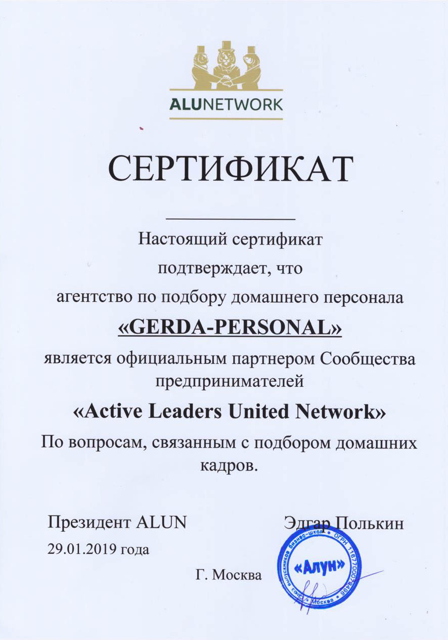 Сертификат «AlunNetwork»